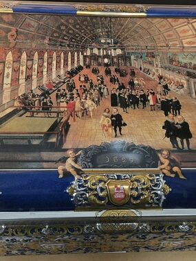 Vintage German Decorative Metal Tin Box with Detailed Courtroom Scene